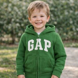 babyGap Toddler 4yrs Green Zip Hoodie White GAP‎ Logo Fleece Lined EUC